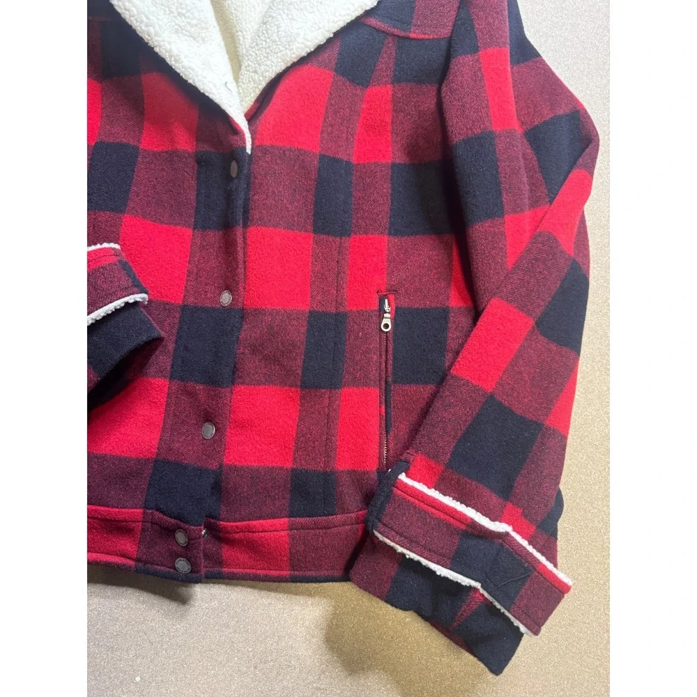 Pendleton‎ Womens Red Black Buffalo Plaid Merino Wool Sherpa Lined Jacket Large